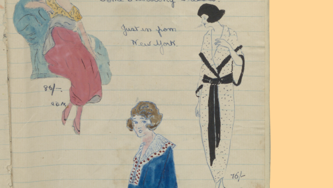 A page from a handmade magazine titled 'modes of the moment', showing three era-appropriate dresses.