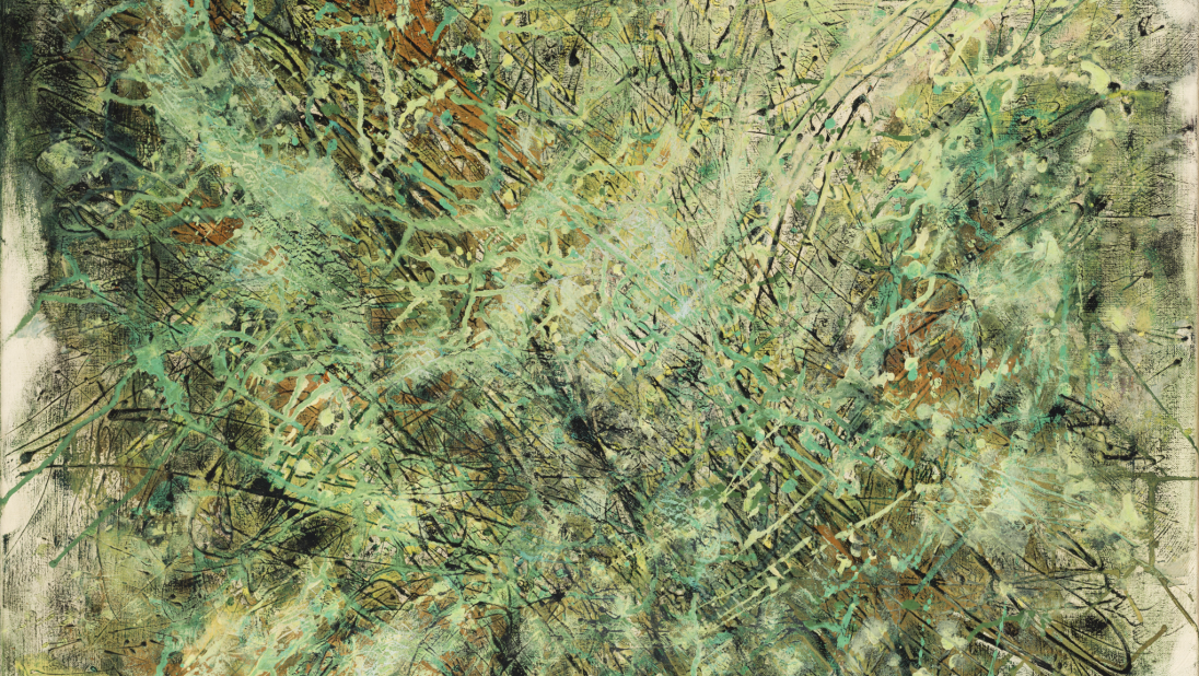 An abstract painting. Lines of blues, yellows, and greens are spalshed across a canvas.