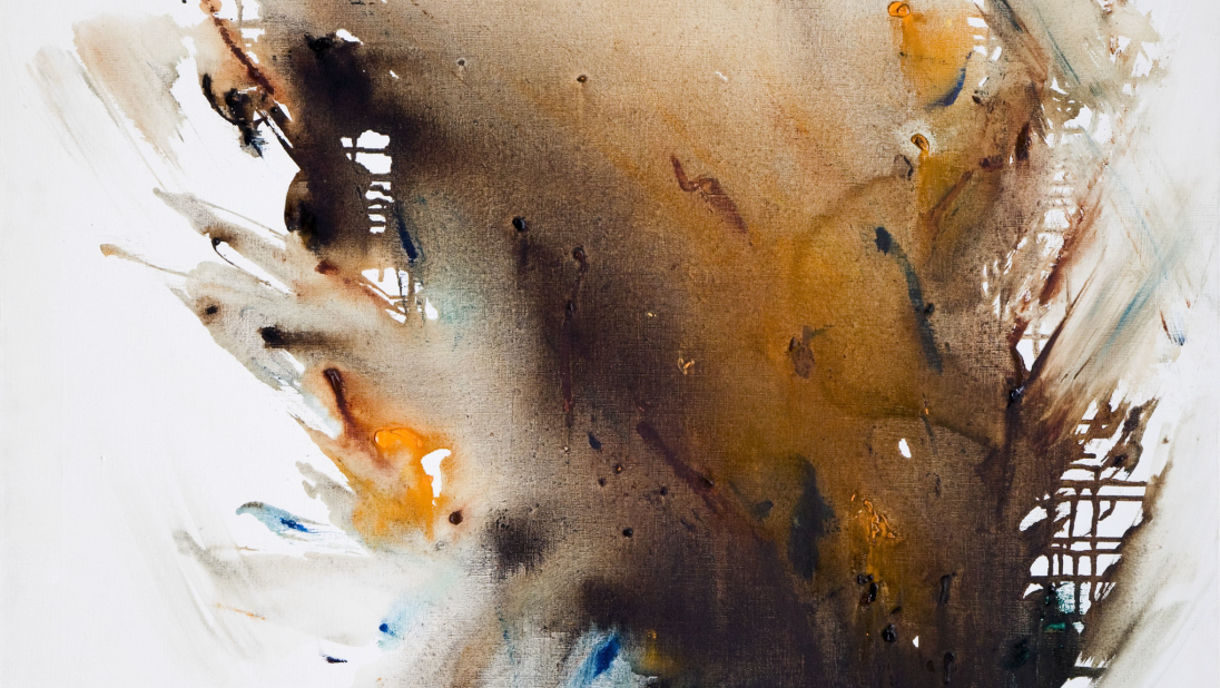 An abstract painting. On a white canvas, a large watercolour brush has been applied in black moving into orange. The paint has been allowed to drip in multiple directions, meaning we can see grid-like paint at the edge of a the large paint streak. Underneath we can see bright and dark blues.