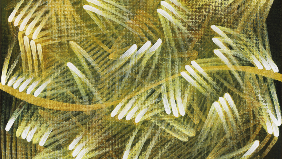 An abstract painting. On a black canvas, yellow zig zags, in patterns of threes, have been painted. Through the middle of the painting, from left to right, a ribbon of yellow has been painted.