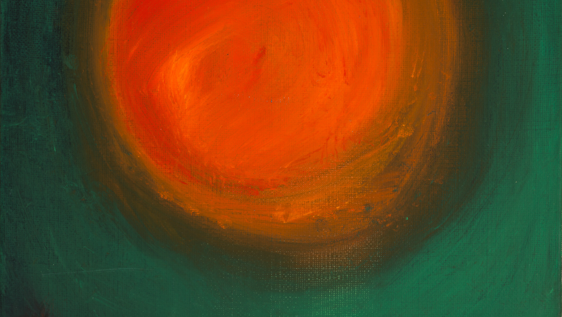 An abstract painting. A canvas has been painted blue, with large circular strokes. At the top of the painting, a large bright orange circle has been painted.