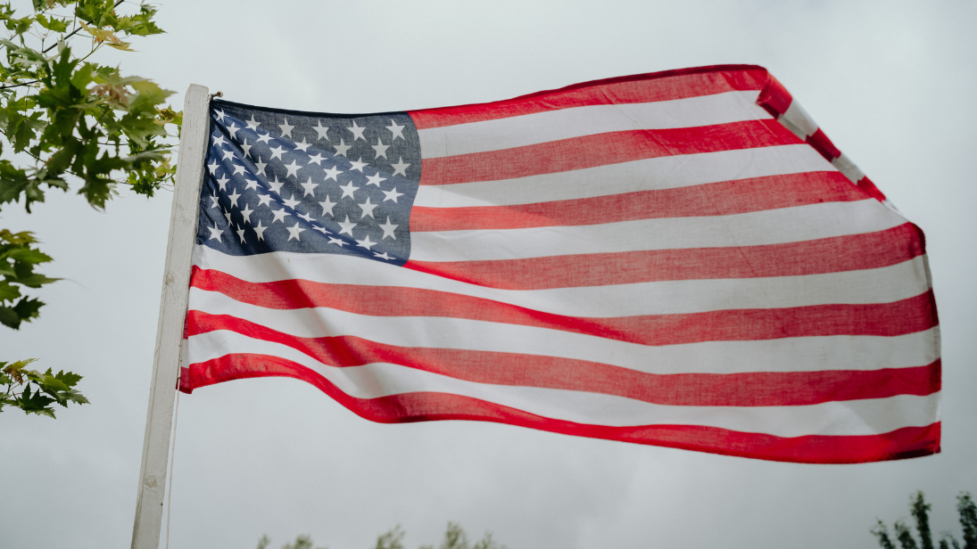 American Flag waving in the wind. Tree leaves in the background