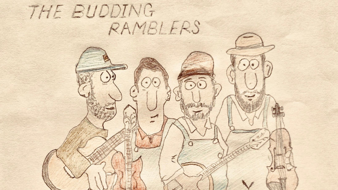 A drawing of four men from the buddling ramblers band