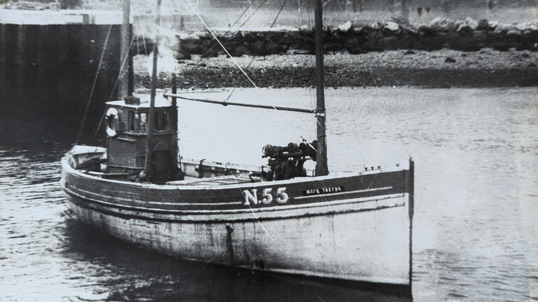 Black and white photograph of the Mary Joseph nickey boat