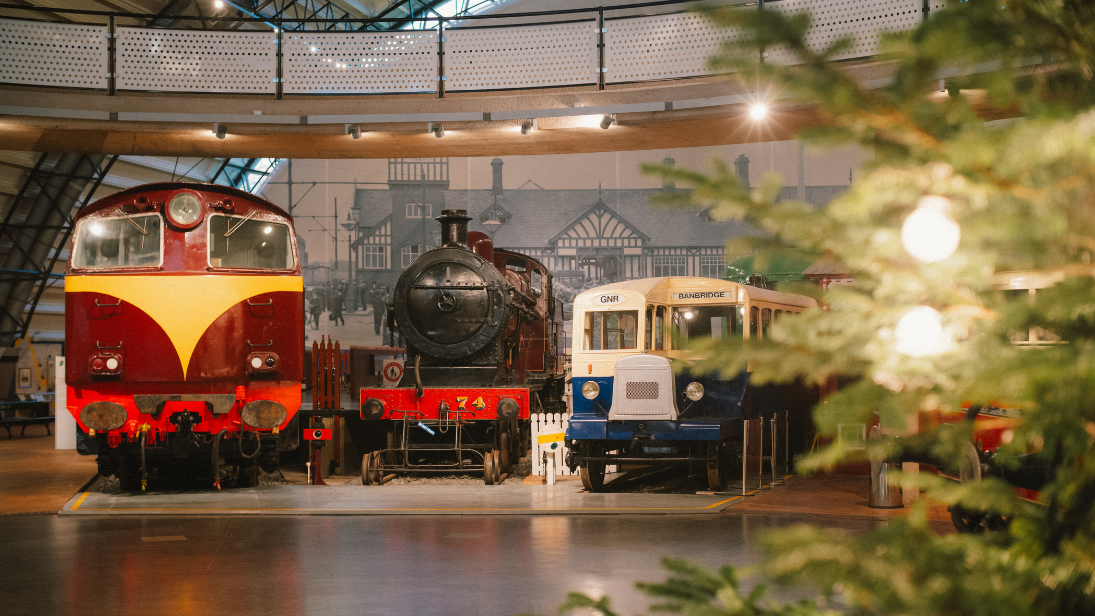 Trains and a Christmas tree in the Ulster Transport Museum gallery 