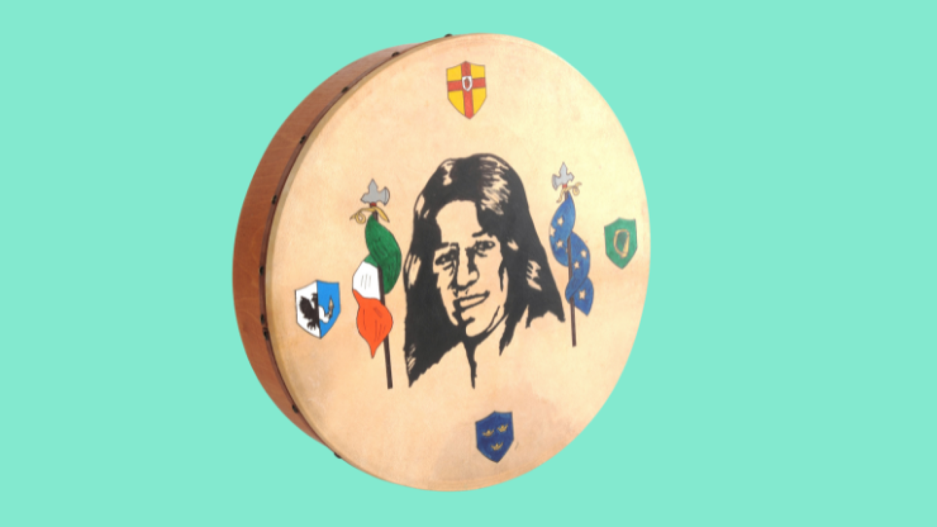 Bodhrán with image of Bobby Sands on a turquoise background