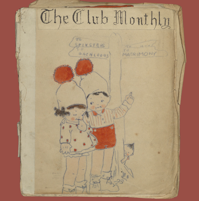 The front cover of a homemade magazine with a drawing of two young children.