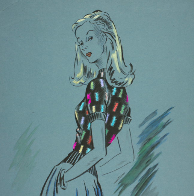 On blue paper, an illustration of a blonde woman in a dark, brightly patterned jumper.