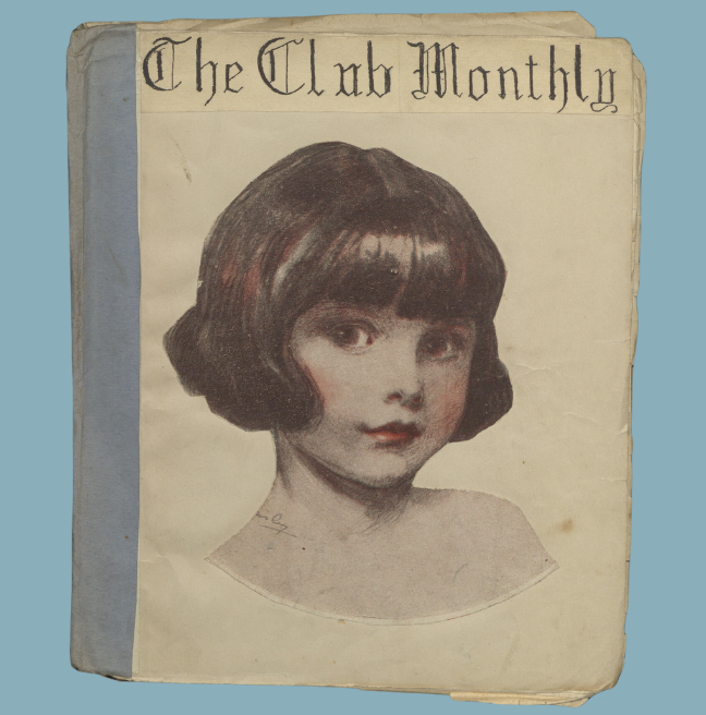 A scan of a handmade magazine with the title The Club Monthly. The spine is blue, and there is a large image of a young girl on the cover.