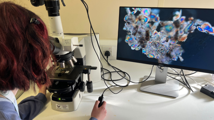 Robyn taking photographs of a sponge spicule with a microscope and screen