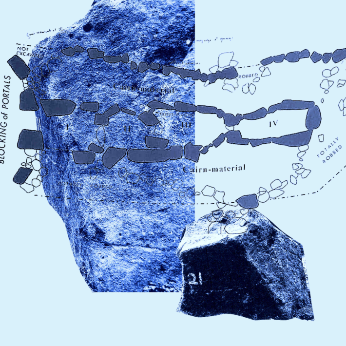 A blue collage of stone drawings on a map 