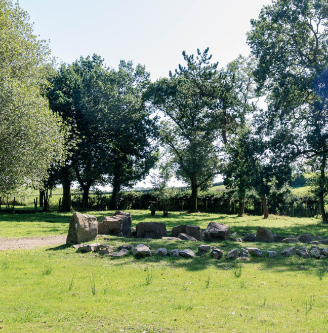 A side view of a court tomb in a sunny field.