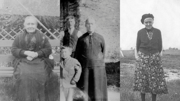 A collage of three black and white photographs of older women in the early-mid 1900s.