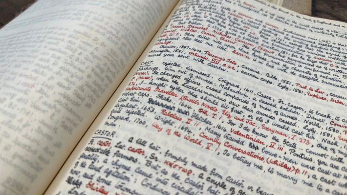 Close up of glossary of words in hand written blue and red pen
