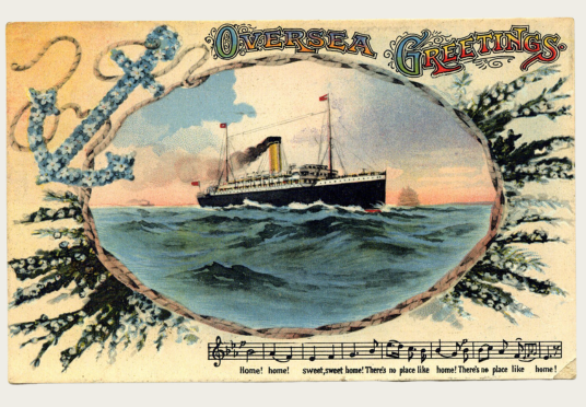 A postcard with a ship on the front, reading 'overseas greetings'. 