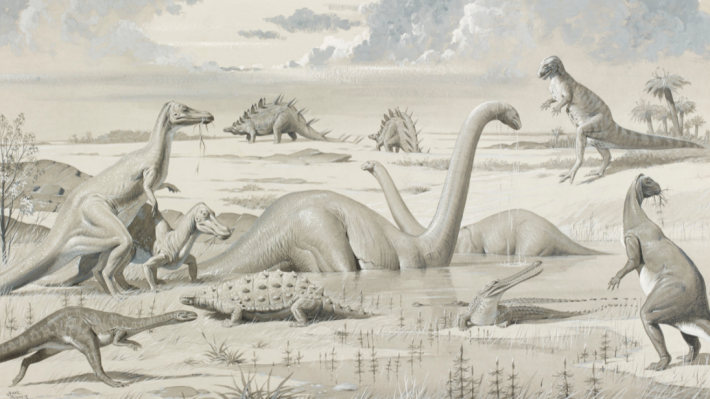 A illustration of an imagined dinosaur scene, with dinosaurs in a lake and on the lake edge. 