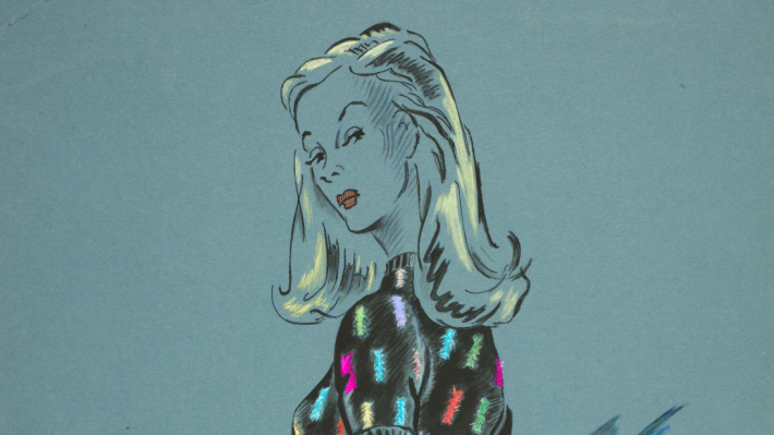 An illustration on blue paper of a blonde woman in a dark jumper.