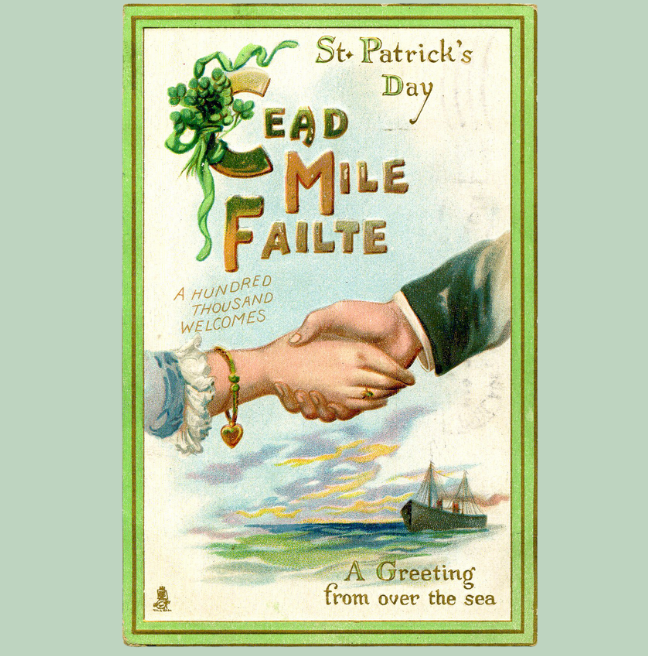 A greeting card for Saint Patrick's Day, reading 'a greeting from over the sea'. 
