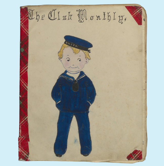 The cover of a handmade magazine showing a hand-drawn illustration of a young boy in a sailor's outfit.