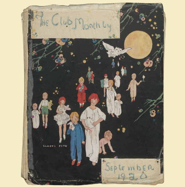 A homemade magazine showing the cover, reading 'The Club Monhtly September 1920'. The image is of many children standing under a moon.