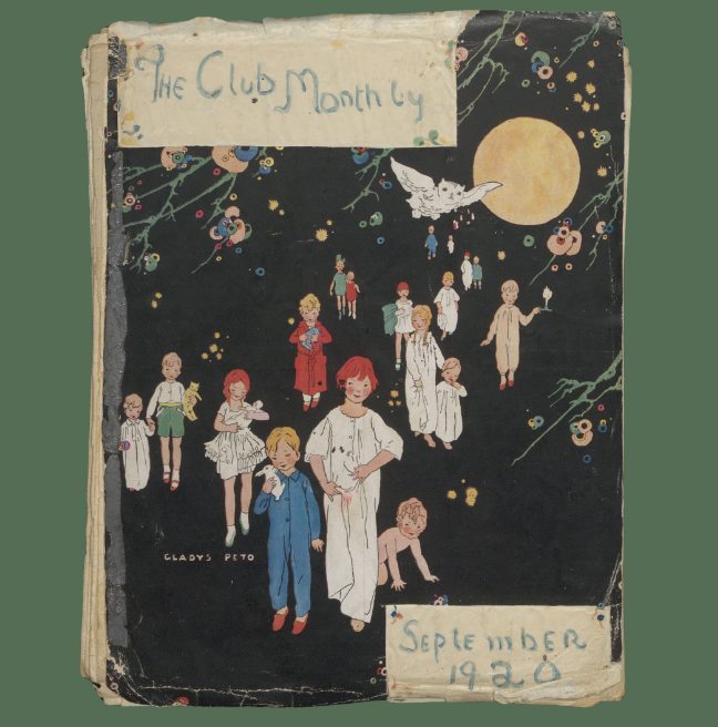 A cover of a handmade magazine from 1920 showing a graphic of children standing beneath a moon.