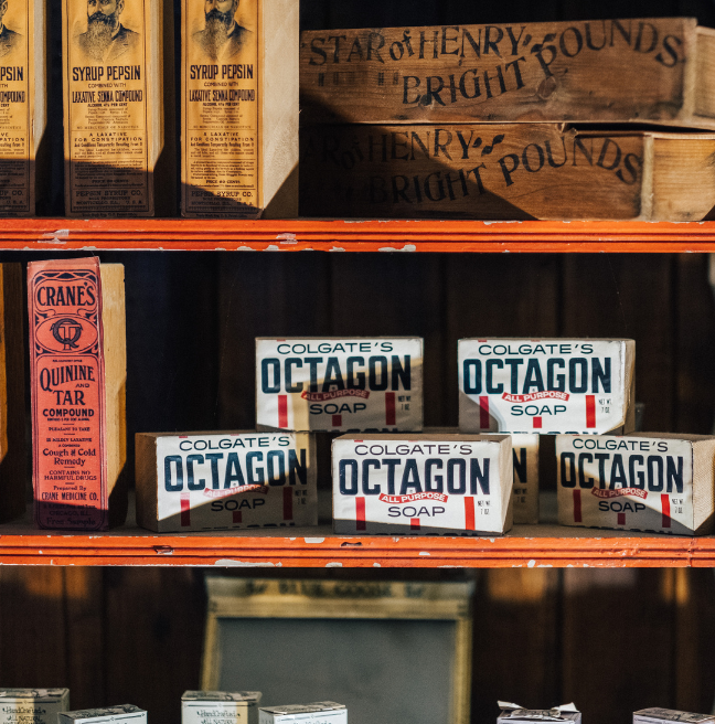 Shelves in an American General Store, made to look like produce from the 1800s.