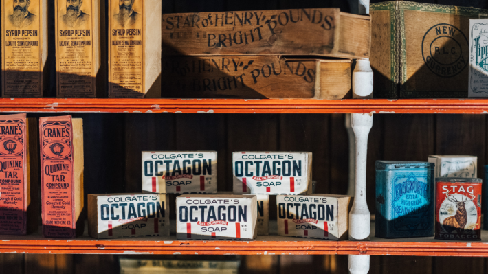 The shelves of a reconstruction American General Store.