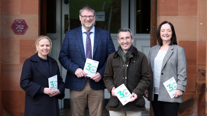 Photo caption L-R: Hannah Crowdy, Head of Curatorial at National Museums NI, Damian McFerran, Record Centre Manager at CEDaR, Andrew Muir MLA, Minister of Agriculture, Environment and Rural Affairs (DAERA), Sara McGuckin, Head of Natural Science at Northern Ireland Environment Agency (NIEA)