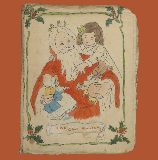 The front cover of a homemade magazine, showing a drawing of a young girl with Santa. 