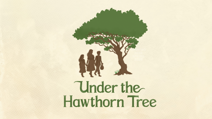 Under The Hawthorn Tree animated image with three brown silhouettes under a green tree plus green text reading under the hawthorn tree