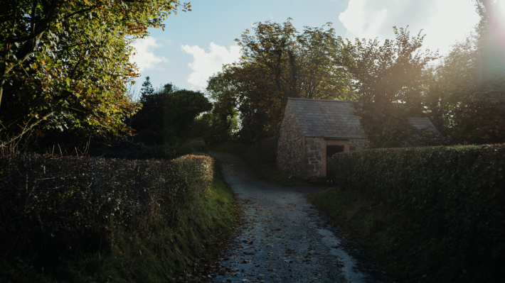 Outdoor pathway in the Ulster Folk Museum at dusk