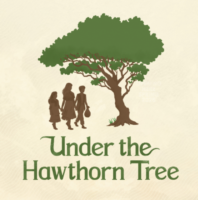 Under The Hawthorn Tree animated image with three brown silhouettes under a green tree plus green text reading under the hawthorn tree
