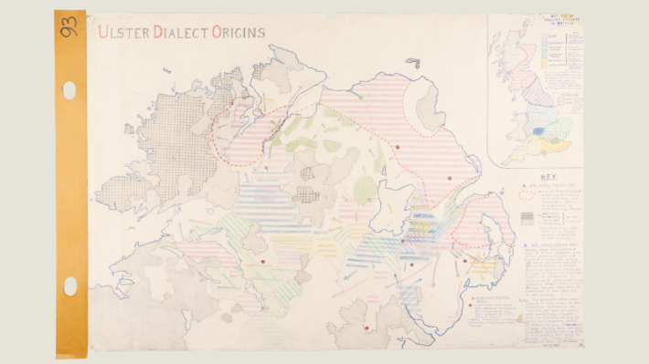 A map of Ulster showing different markings, tracing the author's findings regarding the dialects of Ulster