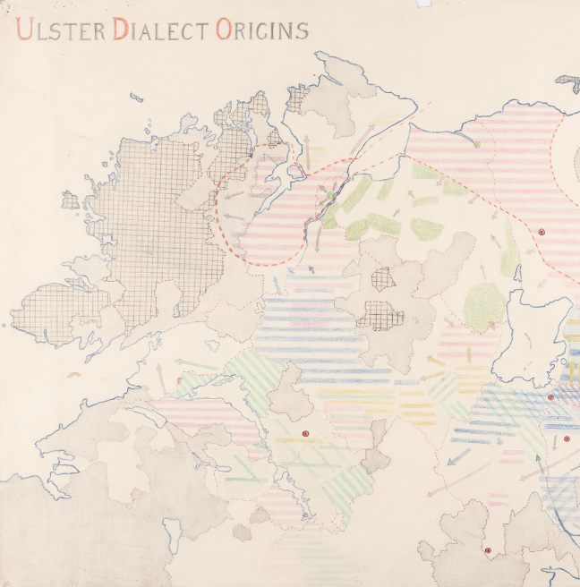 A map of Ulster, with markings showing the author's finding of the dialects of Ulster.