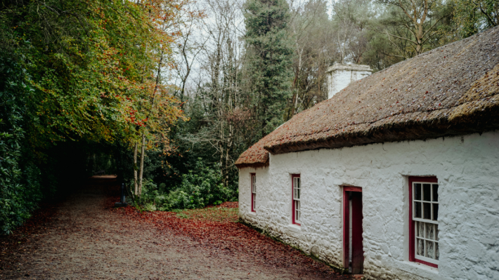 A thatched cottage with autumn foliage 