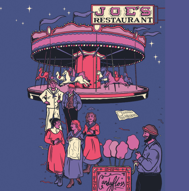 Fairground in America, colourful illustration by Fiona McDonnell