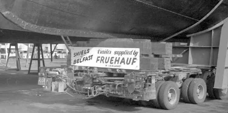 Close up of haulage suppliers’ sign on the trailer. SHIELS of BELFAST trailer supplied by FRUEHAUF N. Ireland.