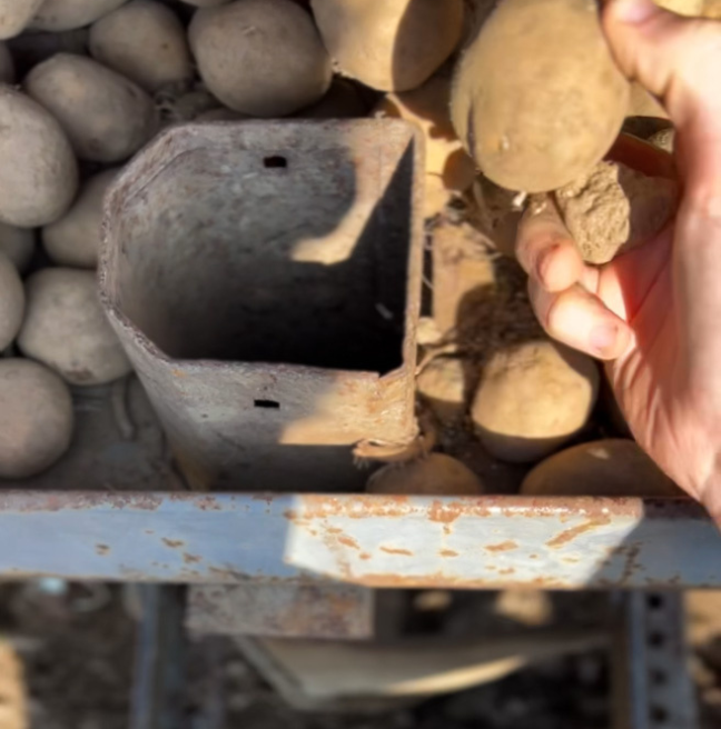 A close up of a potato chute on a tractor.