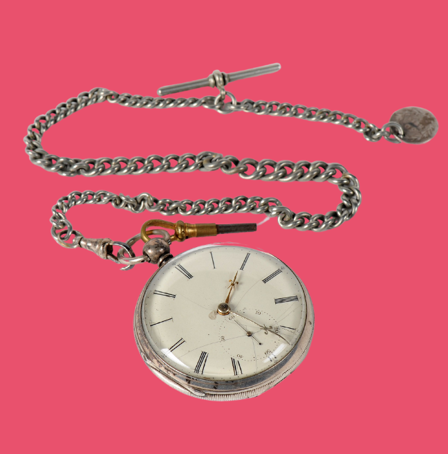 Pocket watch and chain, silver, on a pink background