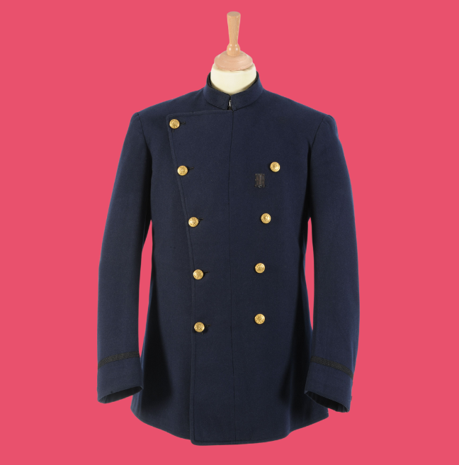 Boston police jacket, navy with gold buttons, on a mannequin on a pink background