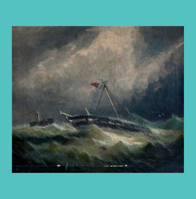 Painting of a ship in stormy seas
