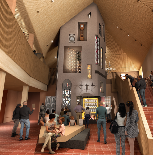 An artist's digital rendition of a welcome centre lobby. In the background is a large display case stretching from floot to ceiling, resembling a hearth/chimney.