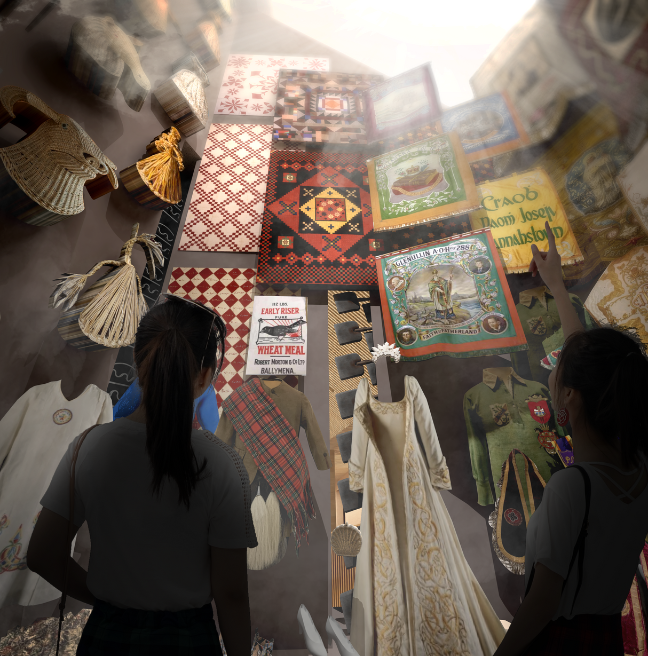 An artists digital rendition of people standing before a very large, tall display case. The display case is packed with items such as quilts, masks, banners and clothes that represent Ulster's diverse and shared hisory.