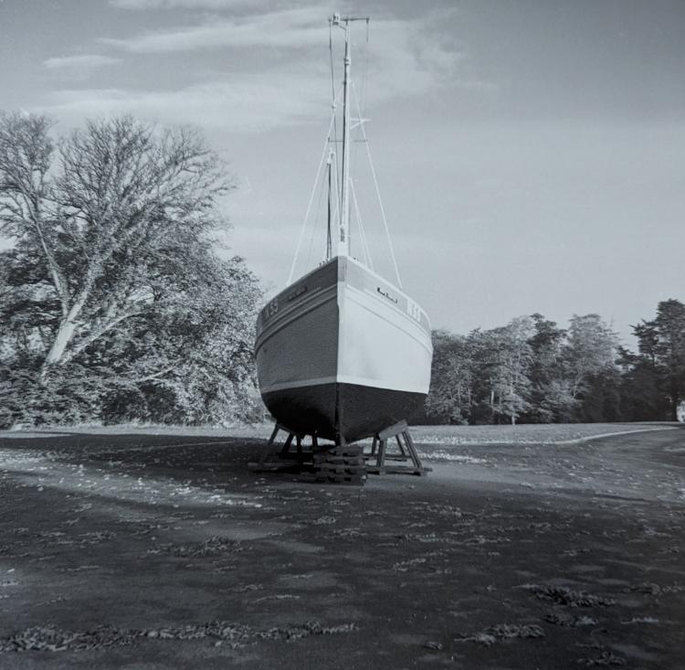 Black and white photograph of the Mary Joseph nickey boat