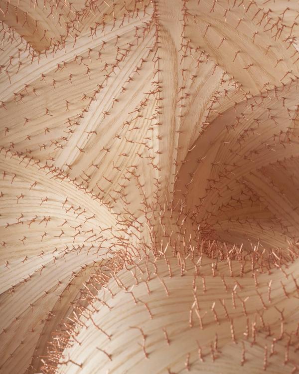 Close up of Untitled sculpture by Heechan Kim, made of ash wood and copper wire