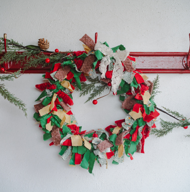 A green red and yellow rag wreath 