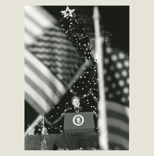 Black and White photograph of Bill Clinton at Belfast City Hall during Christmas