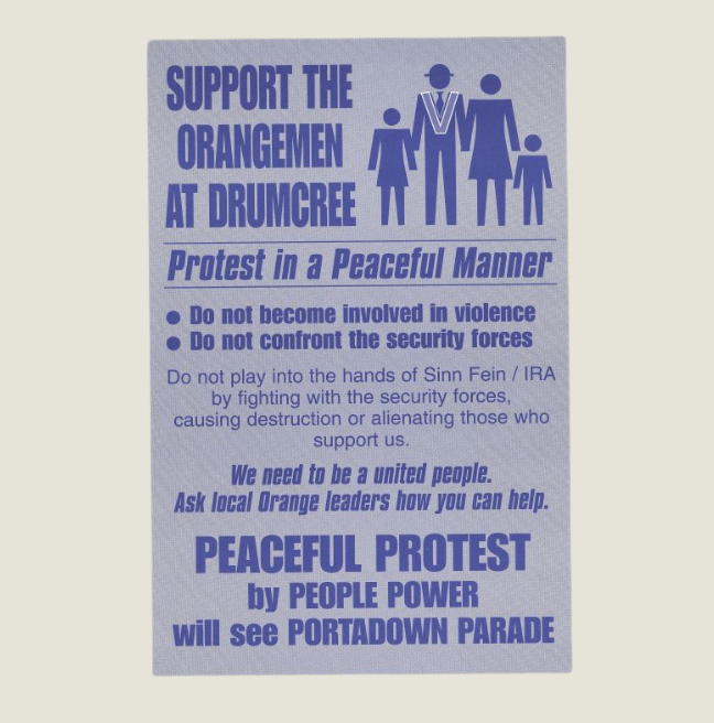 Light blue and dark blue print poster 'Support the orangemen at Drumcree'