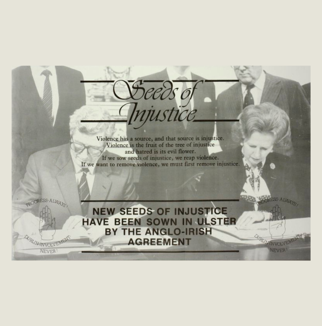 Seeds of Injustice, Margaret Thatcher and Garret Fitzgerald signing the Anglo-Irish Agreement