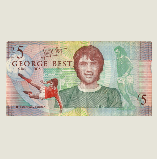 First commemorative banknote issued by Ulster Bank. Issued one million £5 notes commemorating the first anniversary of the death of Northern Irish footballer George Best.